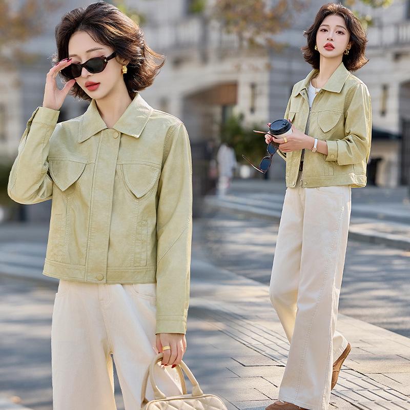 

Короткая кожаная куртка женская новая весна и осень маленький темперамент ретро повседневная спереди на плечах ПУ кожа мотоциклетная куртка 2XL жёлтый