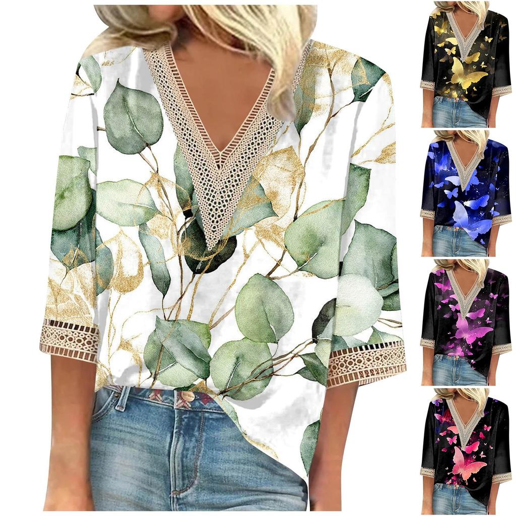Women's Shirt Blouse Casual Loose Shirts 3/4 Sleeve Lace Trims Print V Neck Tops Print Tops T-shirts Tee