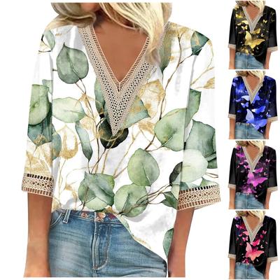 Koszula damska Bluzka Casual Luźne koszule Rękaw 3/4 Koronkowe wykończenia Nadruk Topy z dekoltem w kształcie litery V Topy z nadrukiem T-shirty Tee