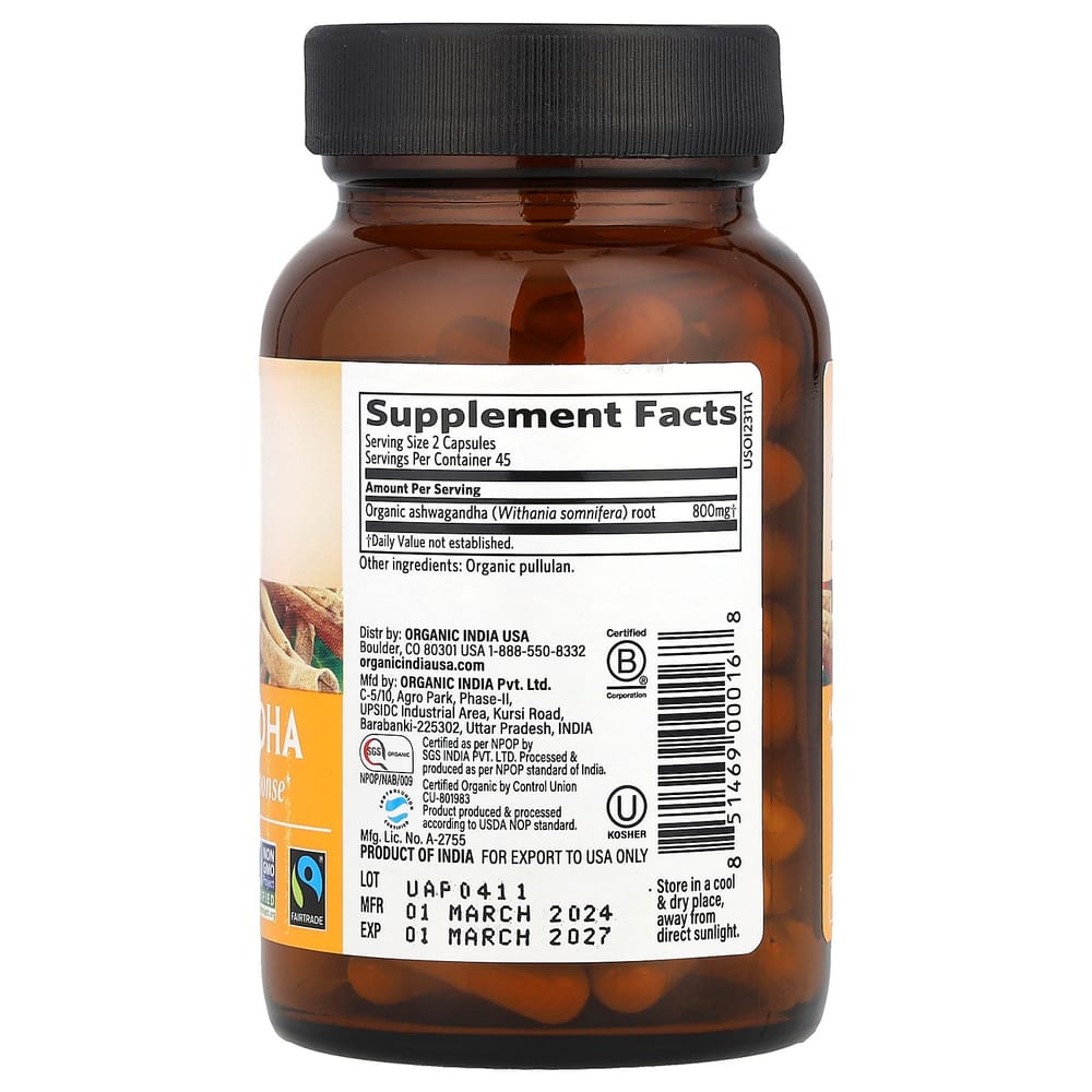 Organic India Ashwagandha Veggie Capsules, 90 Count