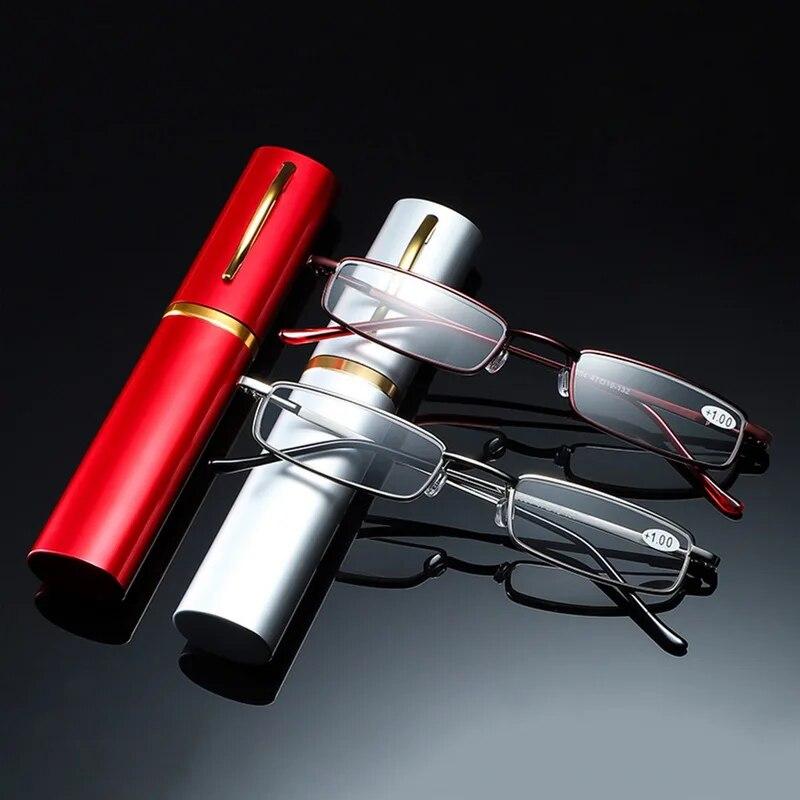 Elegant Portable Metal Frame Mini Ultra-thin Reading Glasses Pen Box Men Women Reading Glasses with Box Presbyopia Eyeglasses