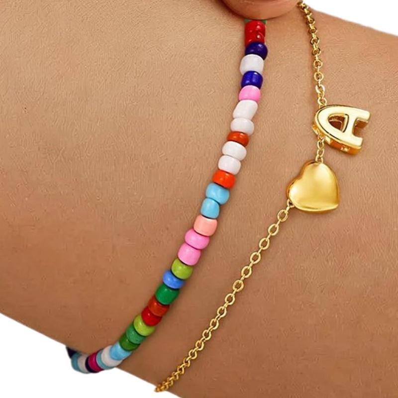 Double Layer Heart Beaded Bracelet Feature Initial Charm Letter Fashion Copper Jewelry Gift For Teen Girls Women