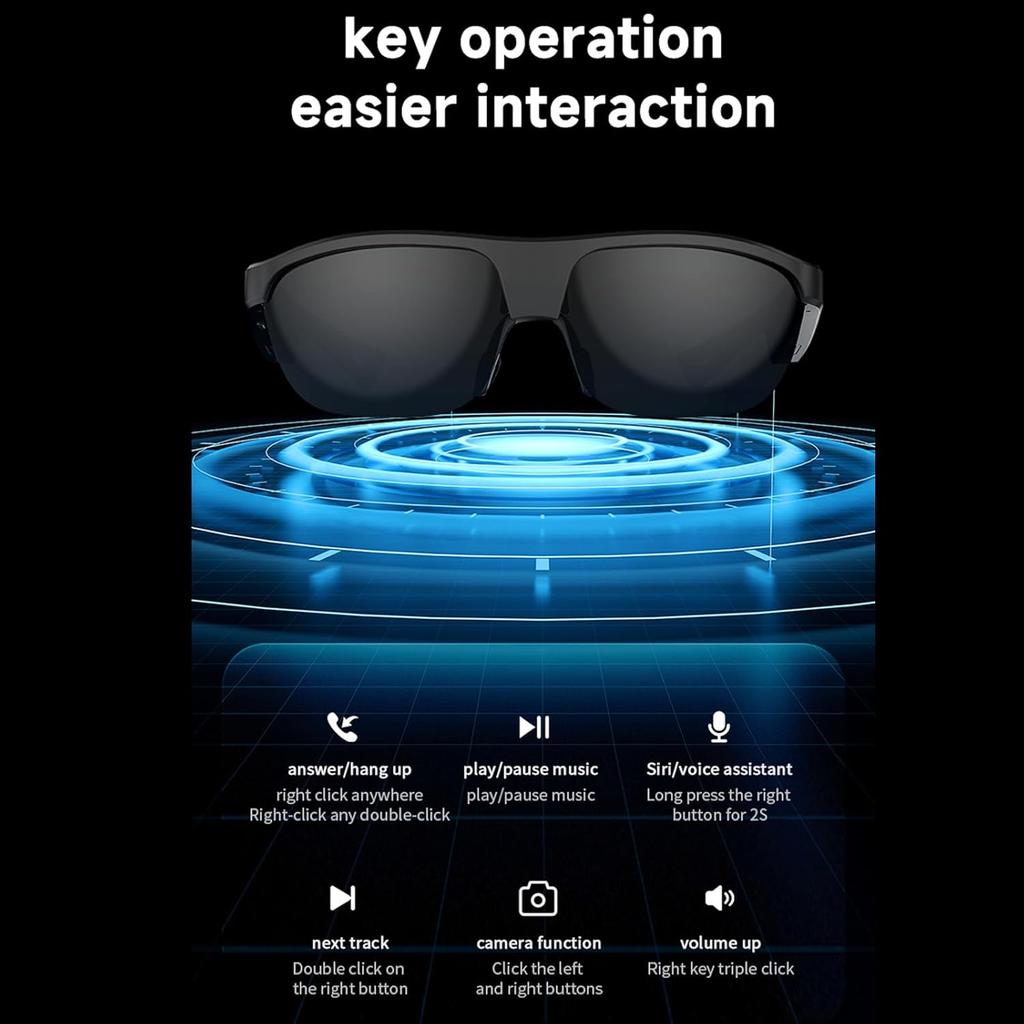 Bluetooth Audio Sunglasses | Smart Glasses with Play Music and Make Phone Calls for Cycling Camp Travel Sunbathing - Black