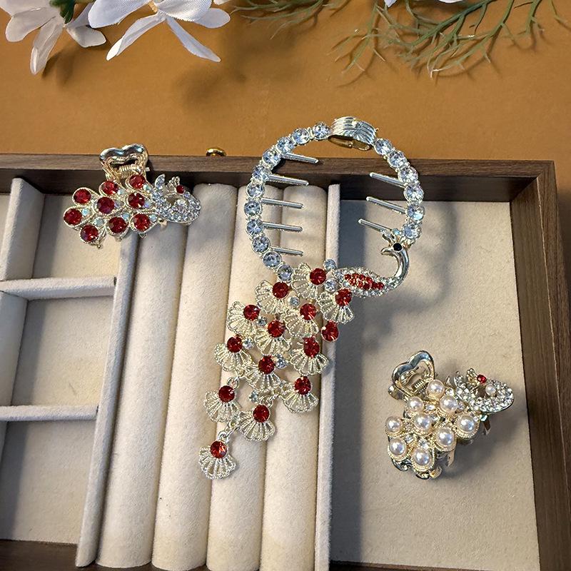 Red Peacock Phoenix Shark Hair Clip – Small, Elegant Half-Up Hairpin for Women