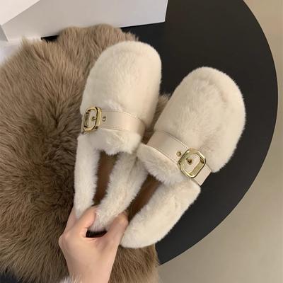 One Pedal Fairy Mink Hairy Shoes Female Outer Wear Internet Celebrity Korean Version Soft Flat Beanie Shoes Female Winter Velvet Cotton Ladyshoes