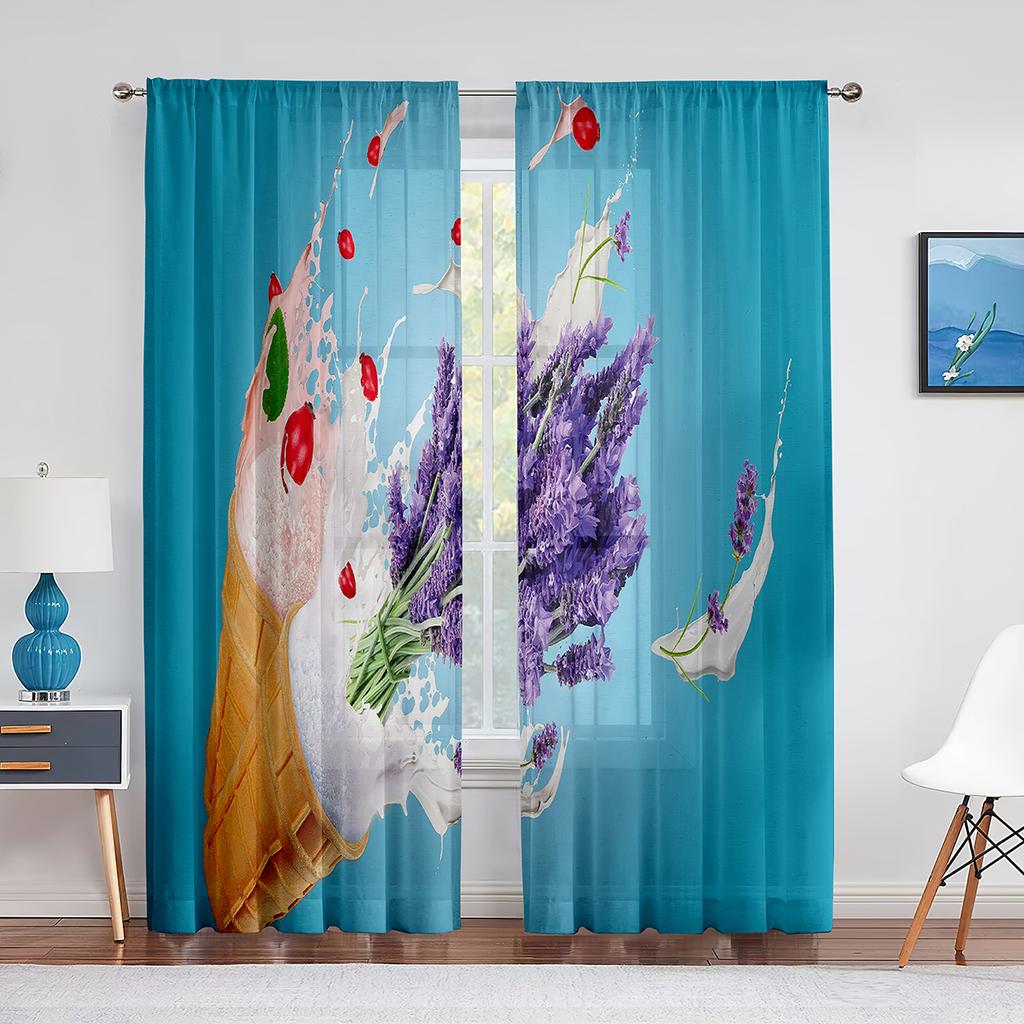 Ice Cream Summer Theme Chocolate and Fruity Flavor Tulle Window Curtains for Living Room Bedroom Decorative Sheer Voile Curtain