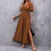Abito Midi Bodycon da Donna Scollo a V Manica Corta Spacco Alto Multicolore Abito Elegante