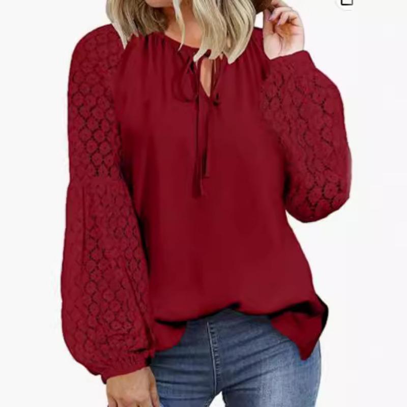 

Весна Осень Круглый вырез Длинный рукав Кружева Сращивание Веревка Свободные футболки Женские XXL бордовый