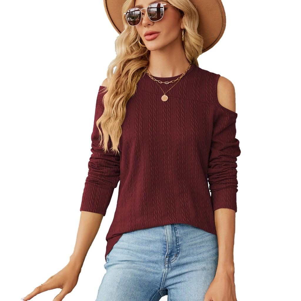 Women's Off Shoulder Loose Long Sleeve T-shirt, Casual Crewneck Top, Fall Winter Fashion for Europe America Cross Border