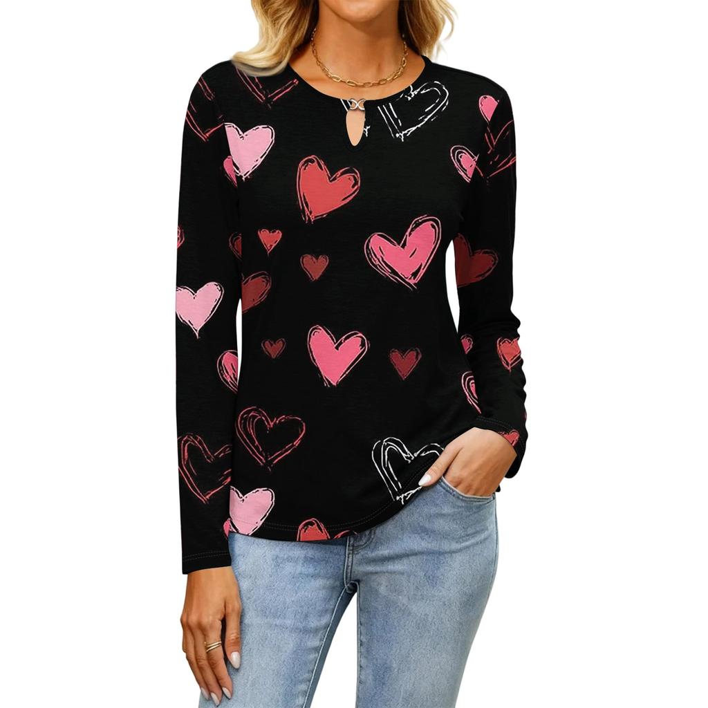 Women's Casual Round Neck Hollow,out Pullover Long Sleeve Valentine's Day Heart Print T,shirt Top