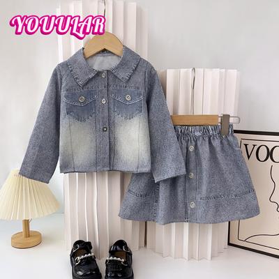 Primavera e Outono Azul Retro Lapela Manga Comprida Meninas Jaqueta Jeans Saia Plissada Terno Moda 2 Peças Conjunto