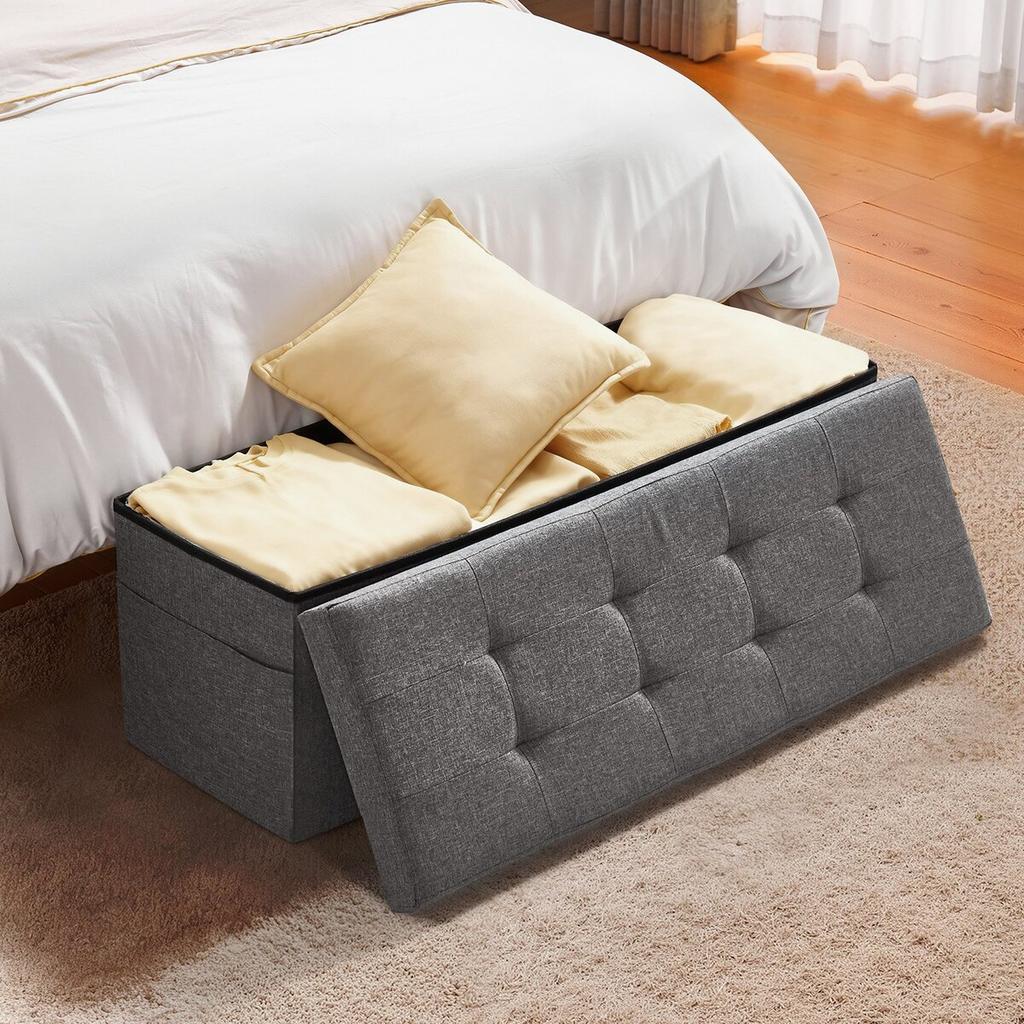 Foldable Storage Ottoman Bench, End of Bed Bench with Side Bags, Folding Upholstered Storage Chest Supports 660 Lbs, Linen Bed Ottoman with Large