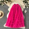 Summer Women Elegant Ruffles Mesh Elstic Waist Long Midi Cake Skirt