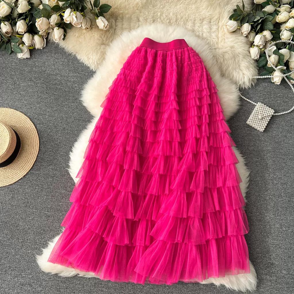 Summer Women Elegant Ruffles Mesh Elstic Waist Long Midi Cake Skirt