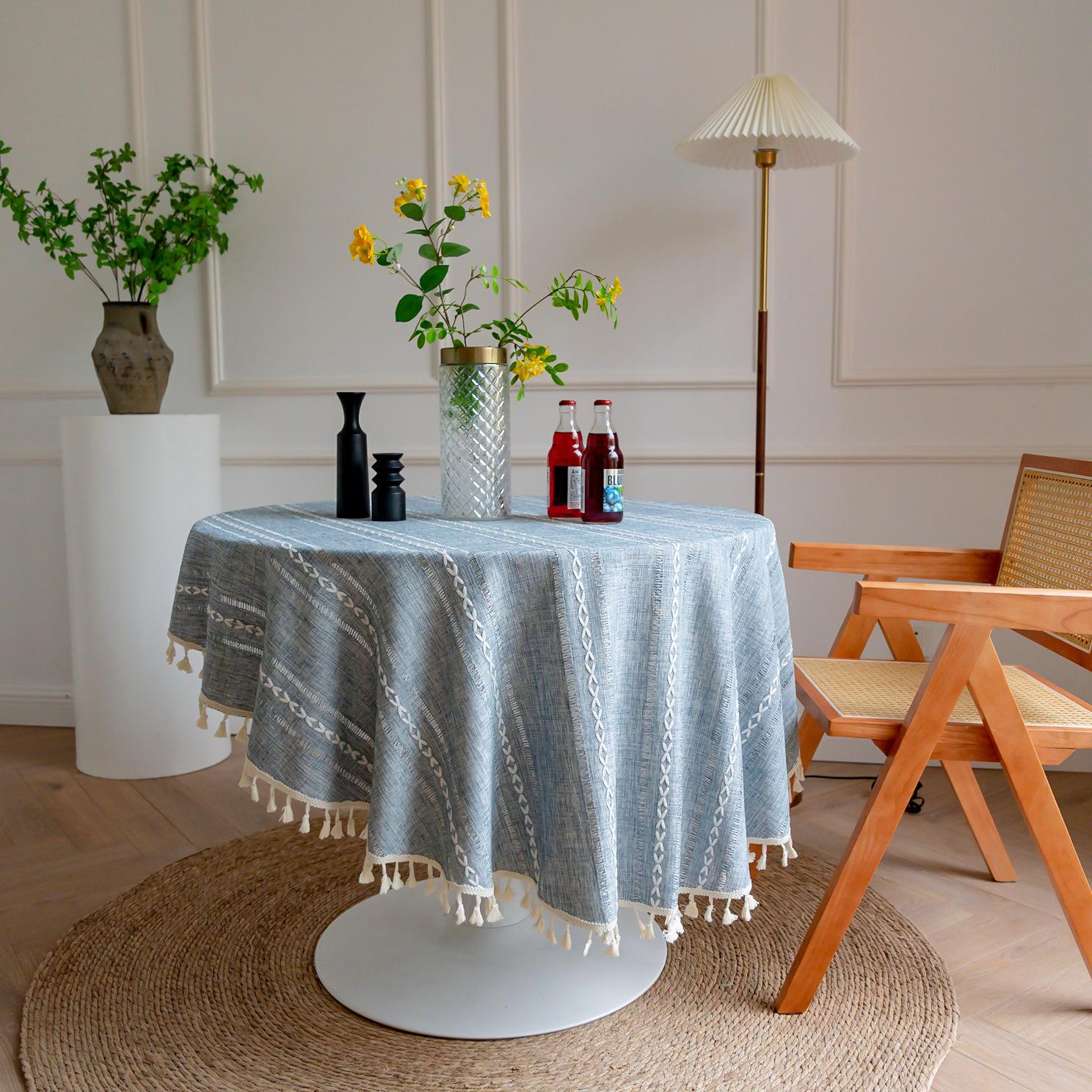 

Cotton Linen Round Tassels Tablecloth, Embroidery Dust-Proof Table Cover,For Dinner Party Wedding Coffee Table Kitchen Decor DIA 120CM