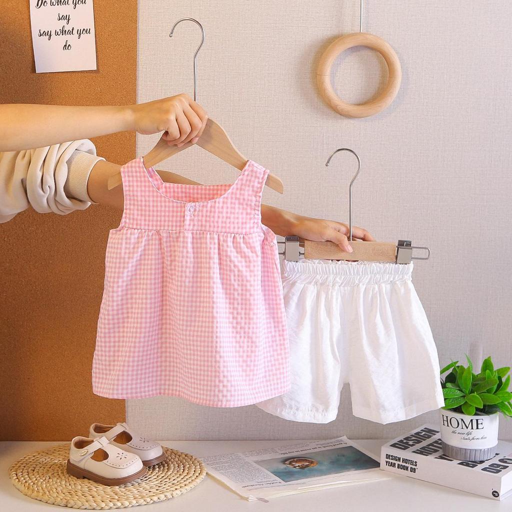 Girls' Houndstooth Summer Camisole & Cardigan Set with Lace Collar (2026 Korean Style)