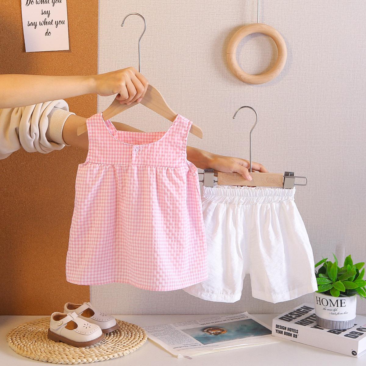 

Girls Houndstooth Summer Camisole & Cardigan Set with Lace Collar (2026 Korean Style) 100 cm - L розовый