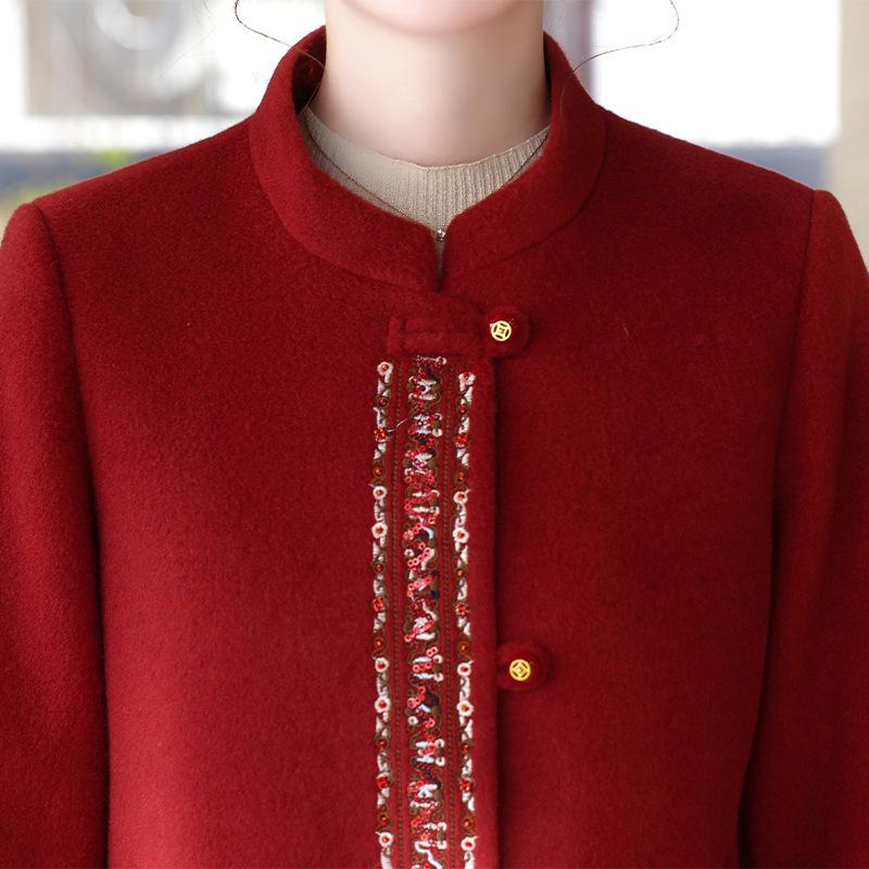 Edler Roter Wollmantel: Chinesischer Stil für Frauen mittleren Alters und ältere Frauen, Modisch und jugendlich für Frühling und Herbst