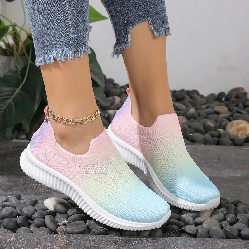 Fashion Gradient Color Women Flats Shoes Breathable Mesh Platform Sneakers Slip on Soft Ladies Casual  Women Shoes Tennis Flats