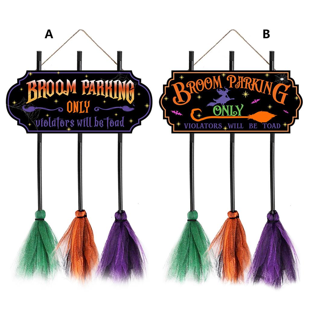 Broom Parking Sign 35.4 IN Wooden Witches Brooms Cute Witches Decoration Sign Spooky Holiday Witch Sign for Front Porch