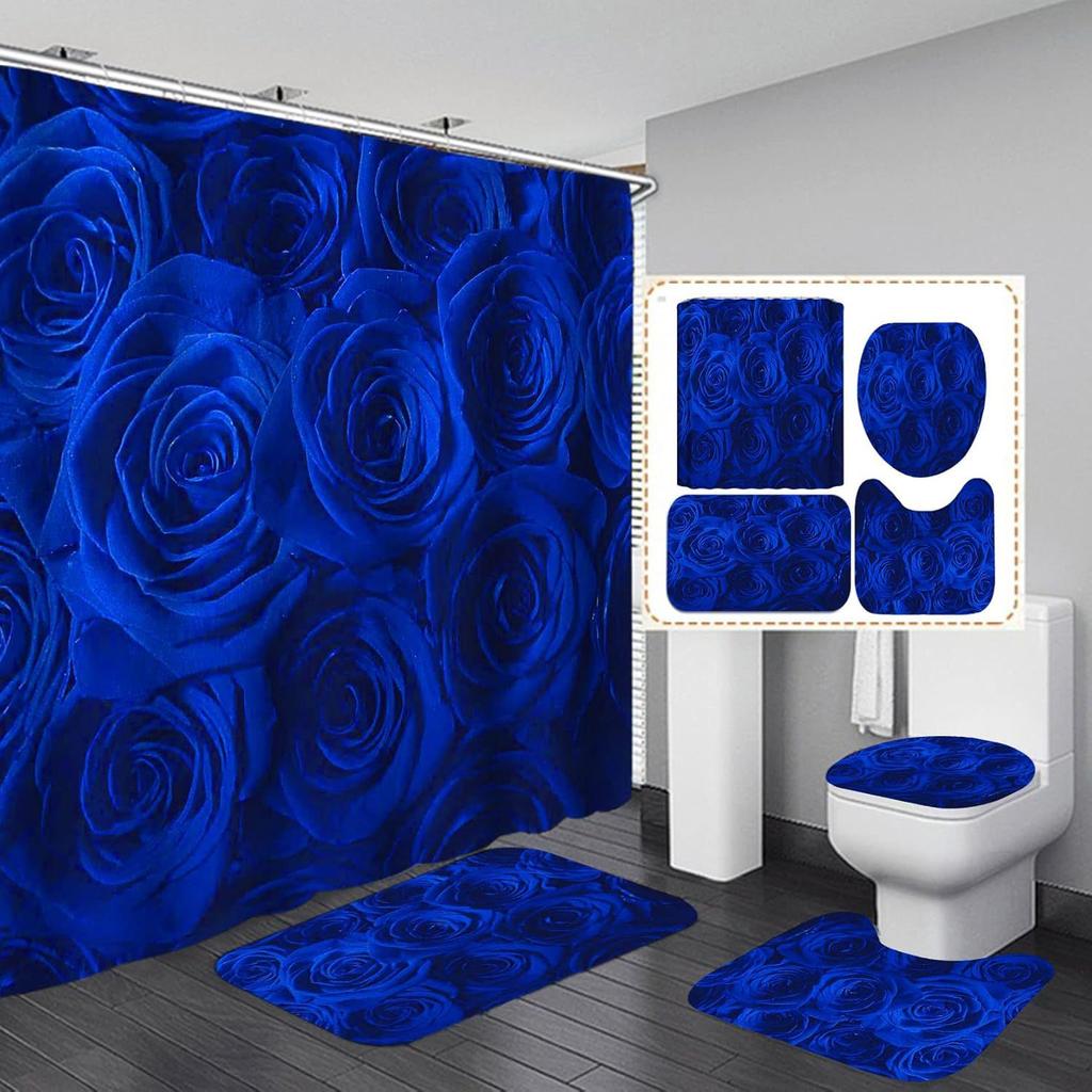 Elegant Blue Floral Shower Curtain Set Bathtub Curtains Non-Slip Carpet Bath Mat Toilet Cover Bathroom Set Decoration Without