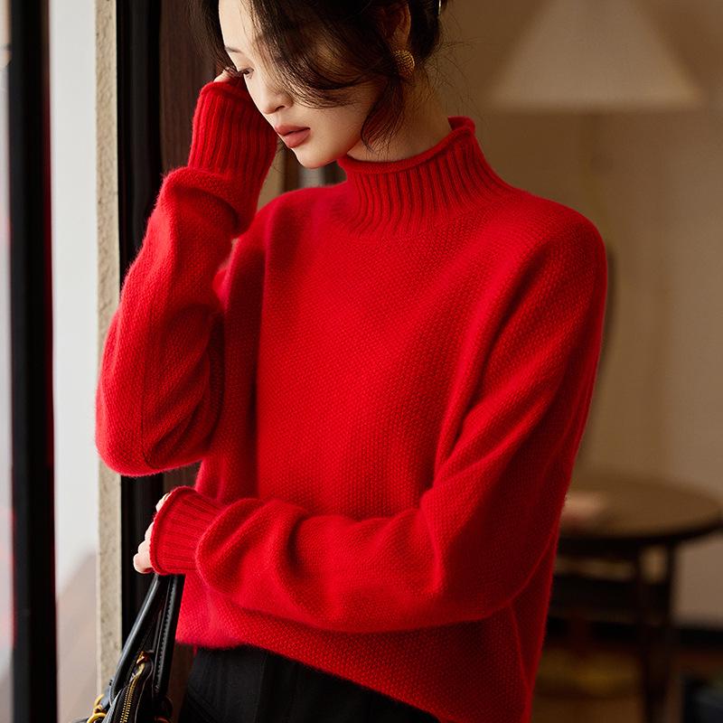 Women's Autumn Winter 100% Pure Wool High Neck Red Rolled Edge Sweater - Loose Fit, Lazy Style