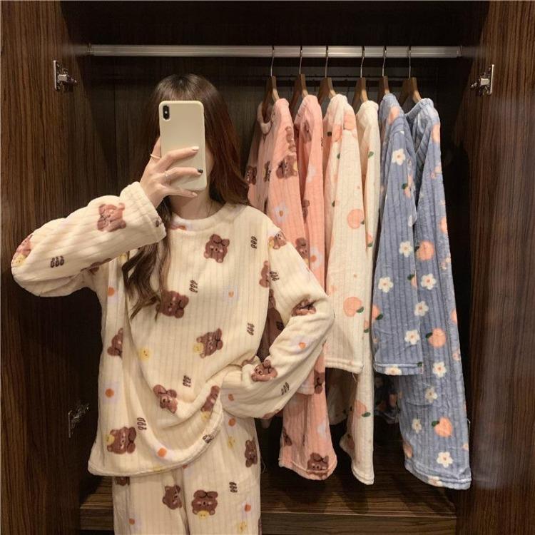 Warm Thickened Women Casual Loose Bear Bow Tie Apple Pajamas Set Sweet Cute Homewear Can Be Worn Outside Fall Winter Outfit