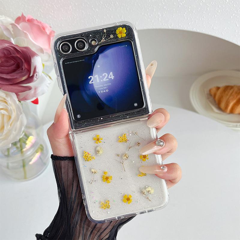 

For Samsung Zflip6 Flower Female Mobile Phone Case Zflod5 Glitter W24flip Daisy Small Fresh Style Transparent For Samsung ZFlip7