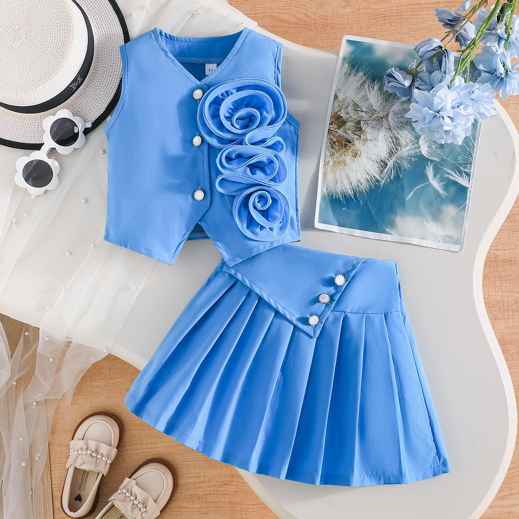 2PCS Girls Flower Applique Sleeveless Vest & Pleated Skirt Set, Button-Down Two-Piece Outfit