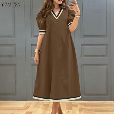 נשים קז'ואל צווארון V רופף קיץ שמלת שרוולים קצרים