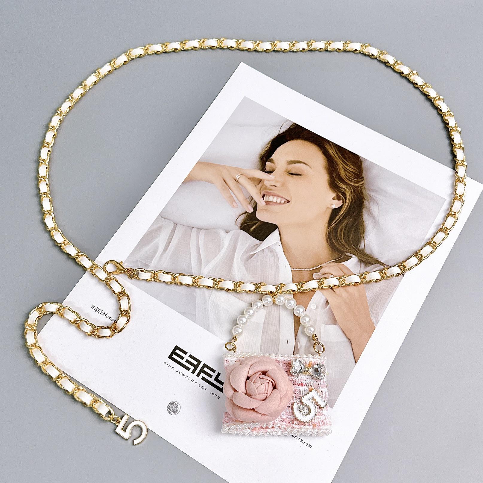 

Elegant Rhinestone-Inlaid Camellia Pearl Waist Chain with 5-Character Pendant - Women s Skirt Accessory