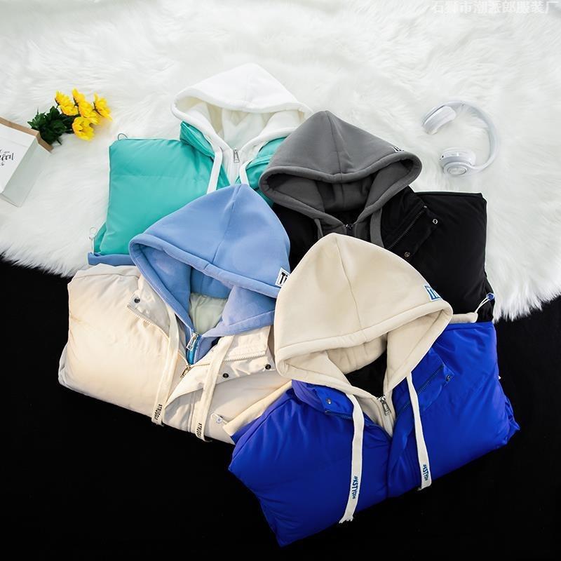 Winter new fake two-piece hooded cotton-padded jacket men's short loose thickened cotton-padded jacket winter bread-padded jacket