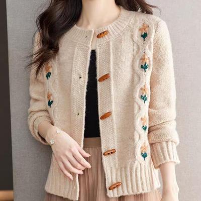 Gestrickte Strickjacke für Damen mit Hornschließen und Röcken, Wolle, Oberteile und Pullover, Jacken