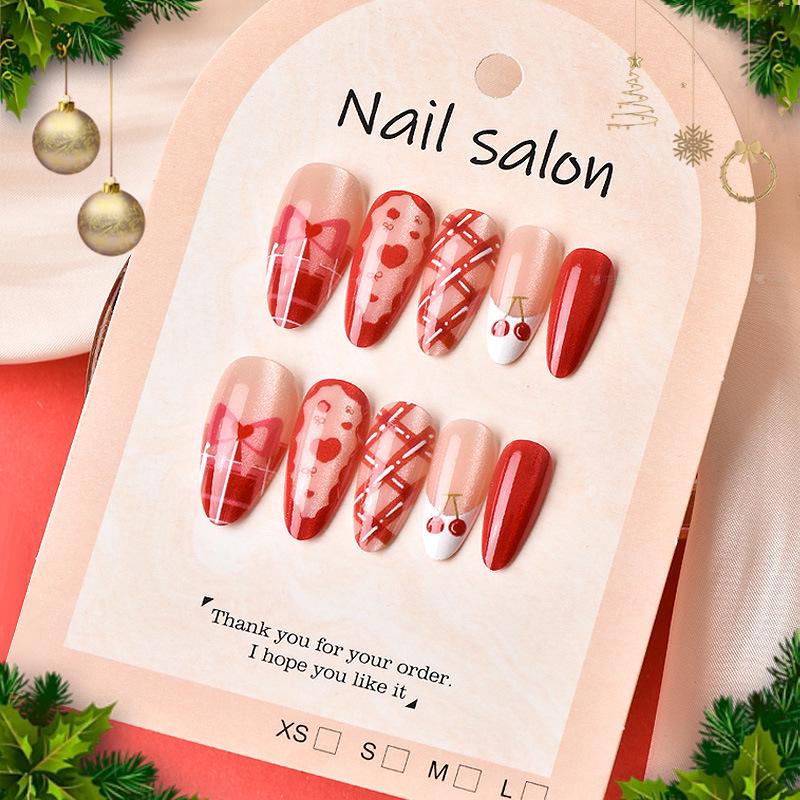 24-Piece Festive Cherry Bow Almond Cat Eye Nails - Wearable Christmas & Valentine s Day Manicure Set