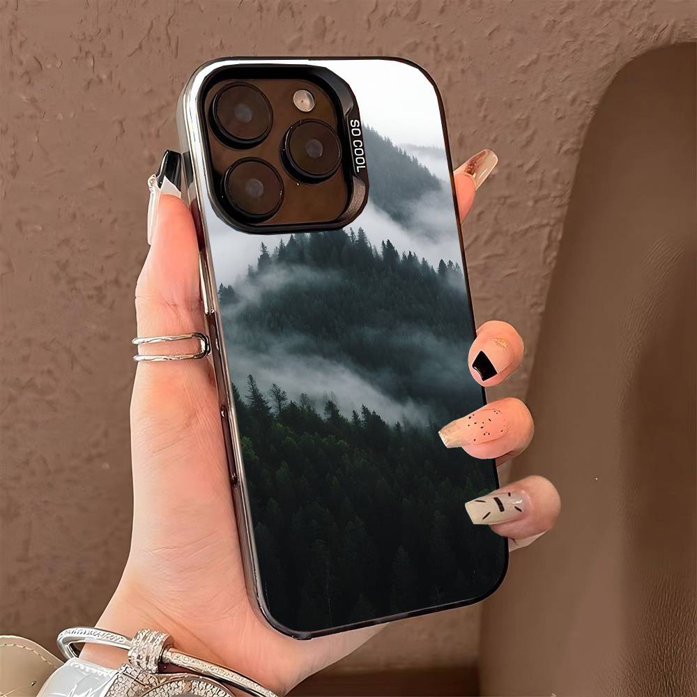 Mountain Misty Forest Phone Case for iPhone 17 17Air 16 15 14 13 12 11 Pro Max Plus Colorful Silver