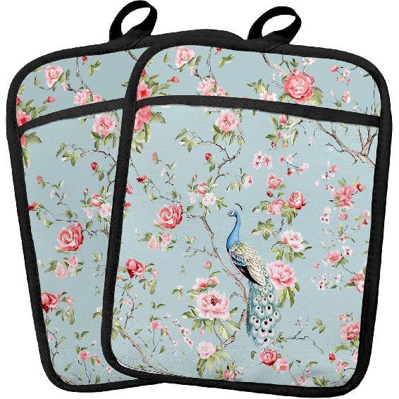 Boho Vintage Floral Pot Holders 2 Pack Set, Cottage Core Kitchen Decor, Rustic Wildflower Botanical Heat Resistant Oven Hot Pads for Kitchen