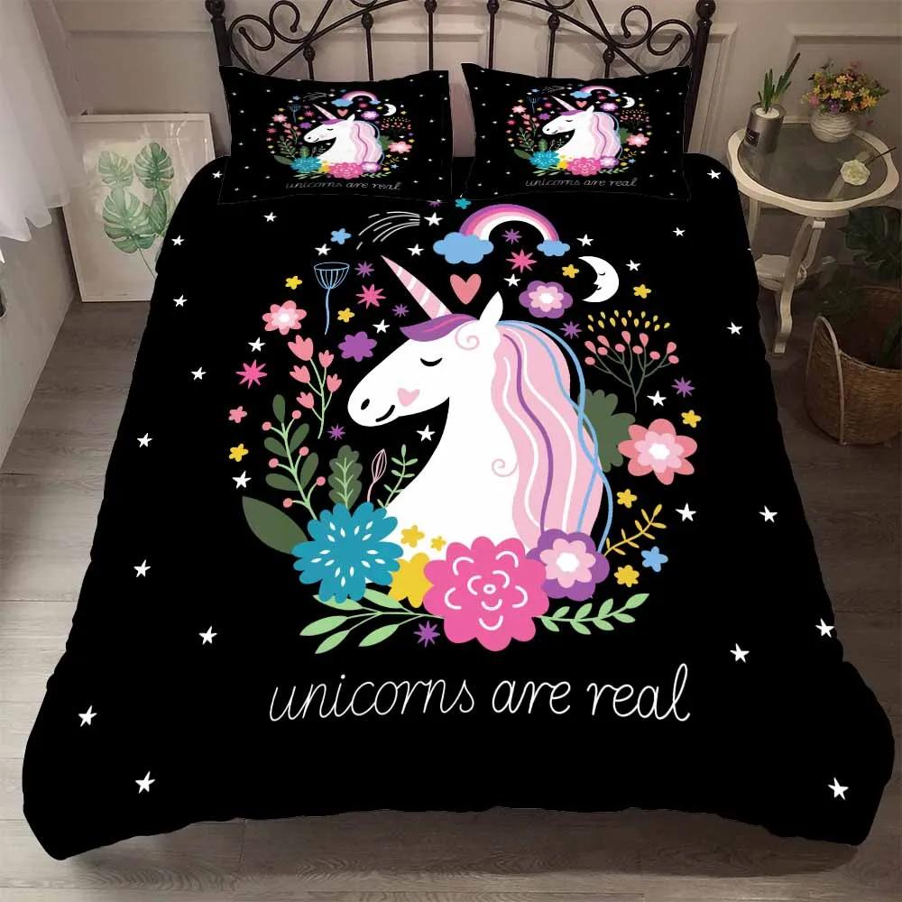 Printed Cute Unicorn White Comforter Bedding Sets Full Size Five Stars Flowers Cartoon Bedding Duvet Cover Sets Kids Single Gty