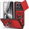 Case + 2 Tempered Glasses for Xiaomi 14T Pro - Rigid Shockproof with Ring Stand and Lens Protection - Red