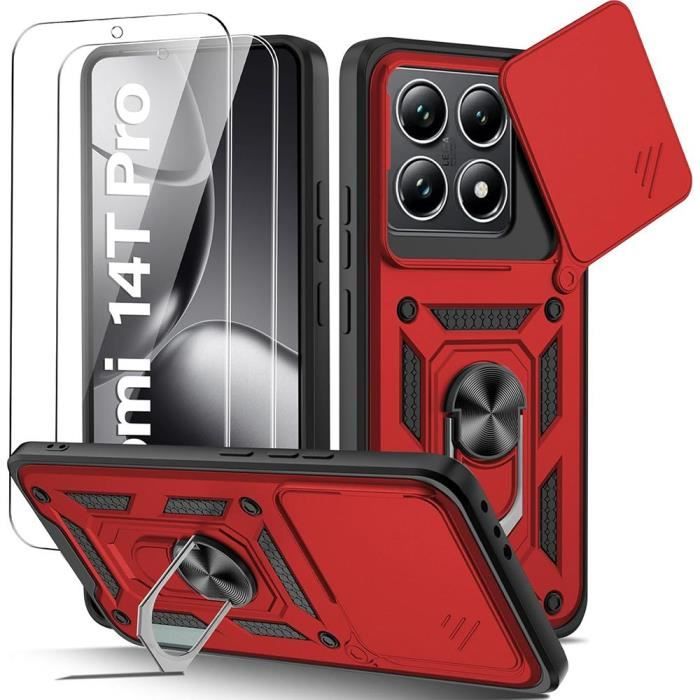 Coque + 2 Verres Trempés pour Xiaomi 14T Pro - Rigide Antichoc avec Anneau Support et Protection Objectif - Rouge