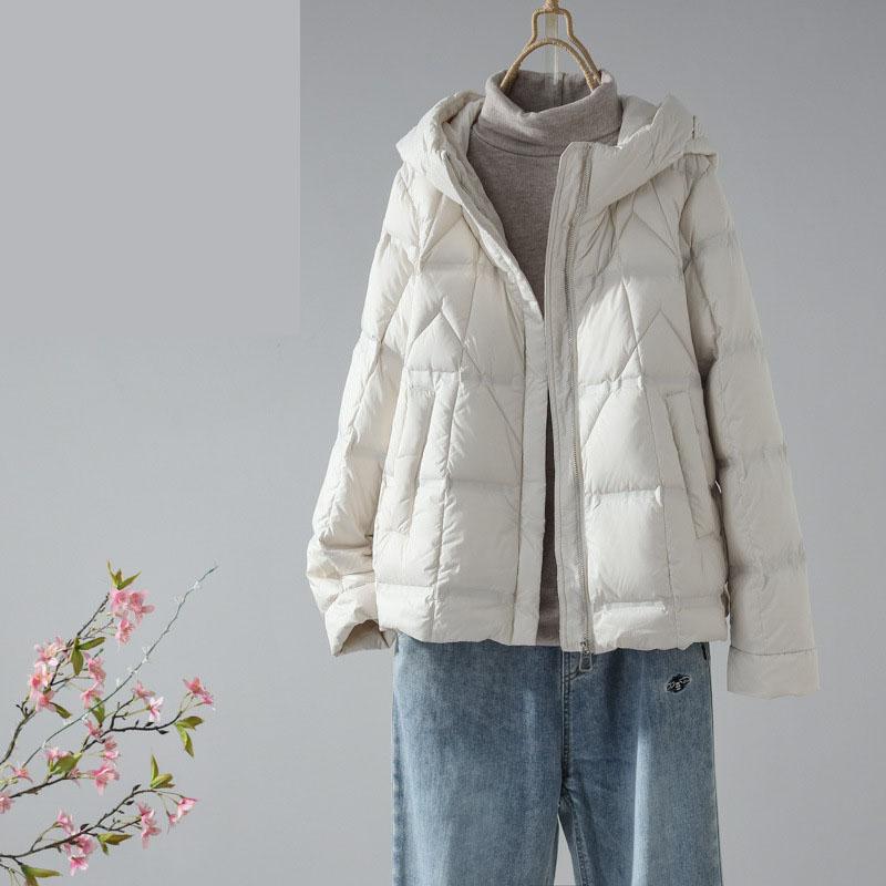 

Осень-зима Женская свободная легкая пуховая куртка с коротким капюшоном на молнии, свободный прямой пуховик-труба, однотонный цвет L бежевый