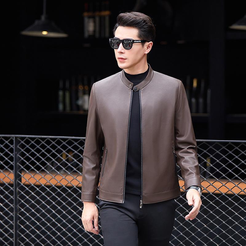 

Осенняя новая кожаная куртка для мужчин среднего возраста с воротником-стойкой, тонкая кожаная куртка с бейсбольным воротником, модная мужская куртка 4XL