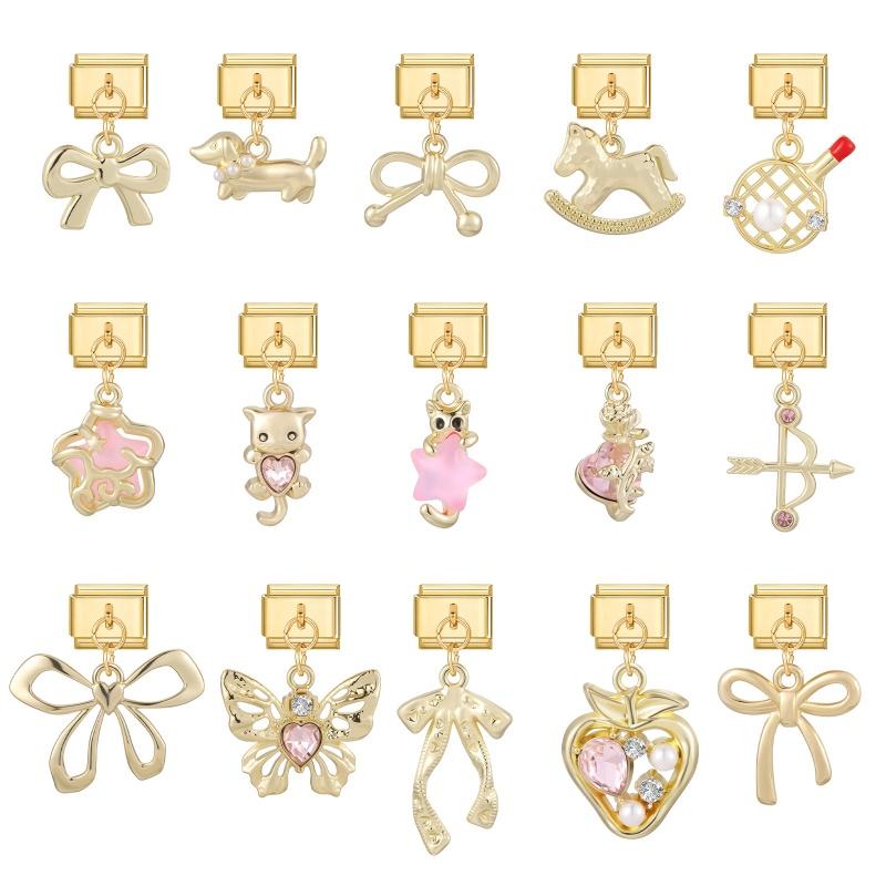 New Vintage Golden Pendant Charm Cat Butterfly Star Tennis Racket Bow Links Fit 9MM Stainless Steel Bracelet Women DIY Making