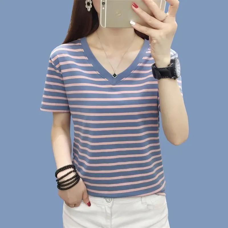 Women's Summer Striped T-shirt Casual V Neck Short Sleeve Slim Fit Top