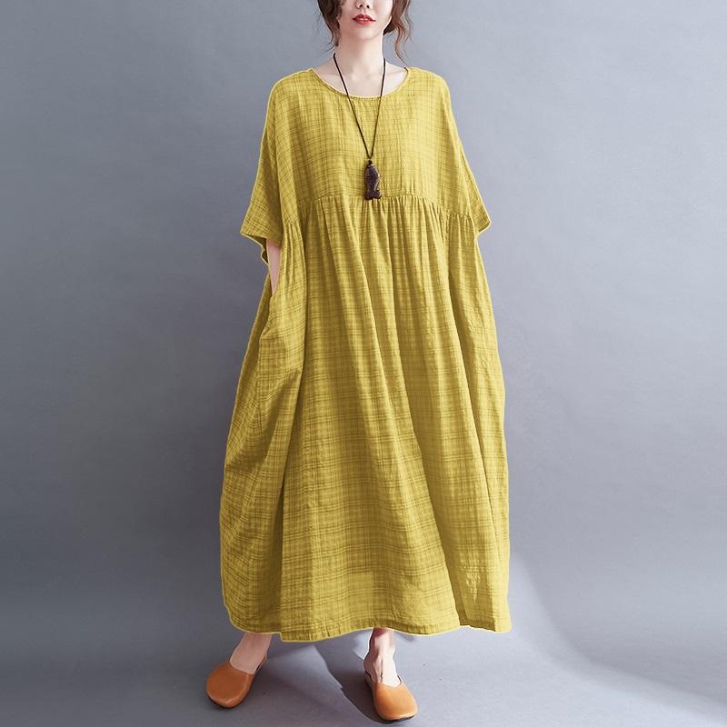 Robe d'été longue et décontractée en coton à manches courtes et à carreaux vintage pour femme, grande taille
