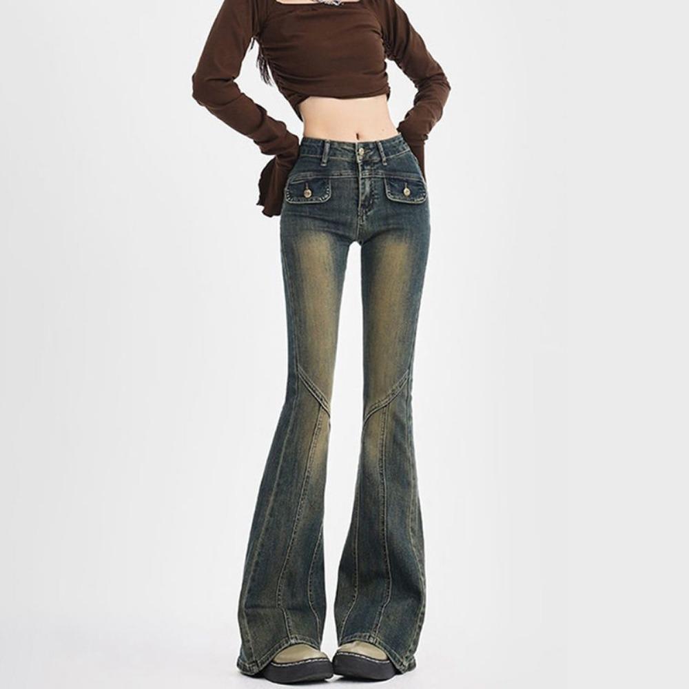 Retro Splicing Micro-pull Jeans Women's Spring New Design High-waisted Slim-fitting Elastic Flared Pants