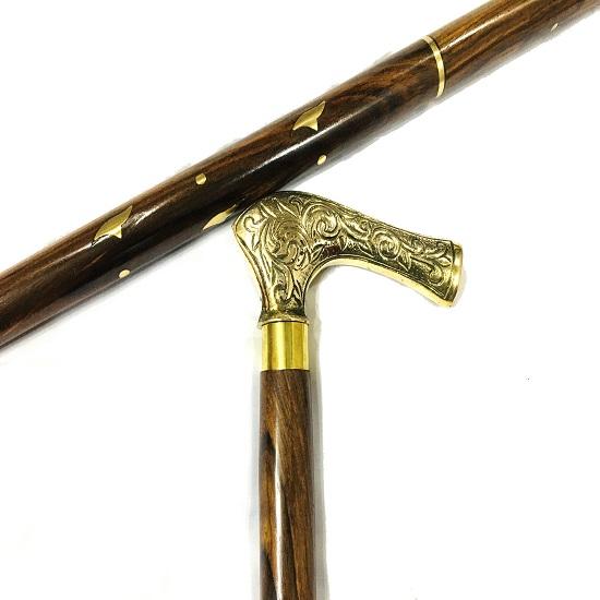 Men's Walking Stick Derby Canes and Wooden Walking Sticks for Men and Women 93.98 Cm Brown Ebony Brass T Shape Handle In Natural Wood Golden Tone