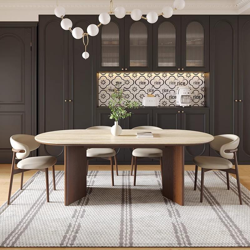 Mid-Century Style Oval Travertine Dining Table & Chair Set with French Solid Wood