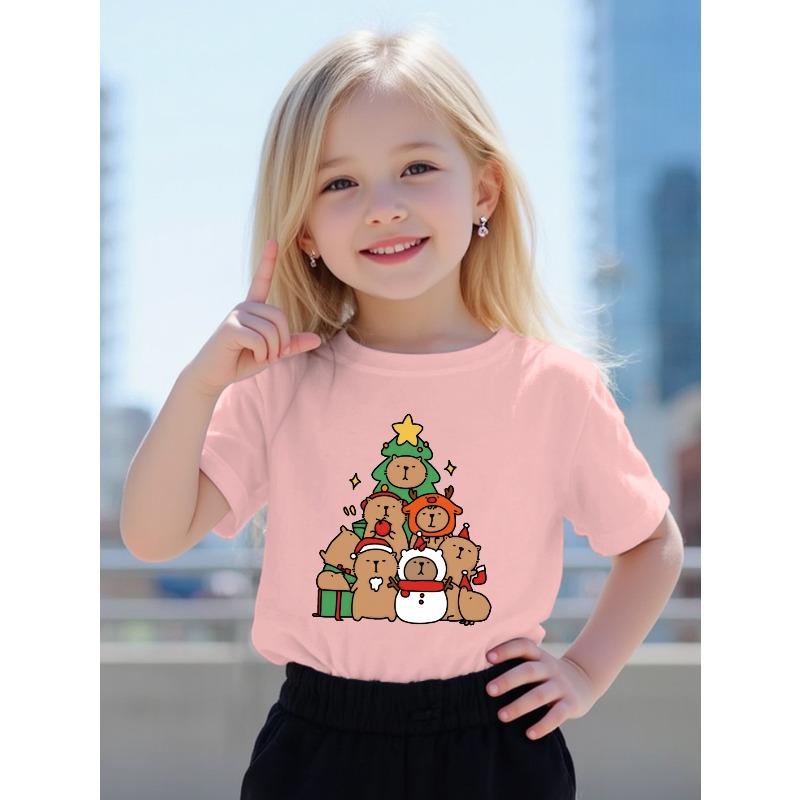 European Sizes Christmas Capybara Cotton Short-sleeved T-shirt American Fashion Cute Printed Girls' Bottoming Shirt Summer
