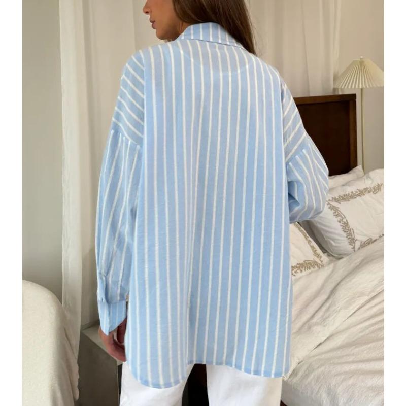 Womens Striped Long Sleeve Loose Button Down Shirt