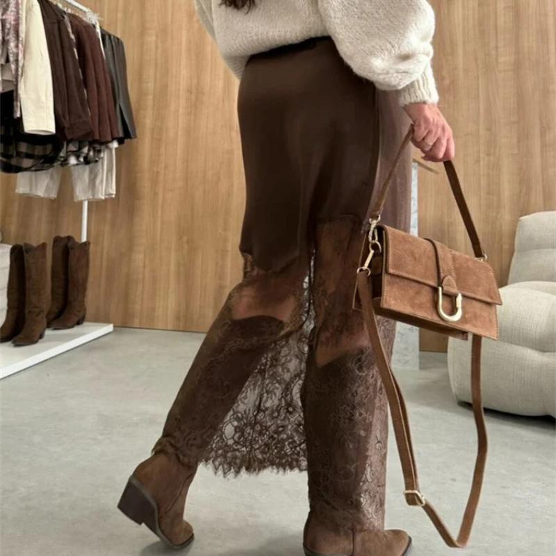 Trendix Women Patchwork Lace Skirts 2025 New High Waist Slim Hollow Out Maxi Skirts Autumn Brown Fashion Party Club Boho Skirt
